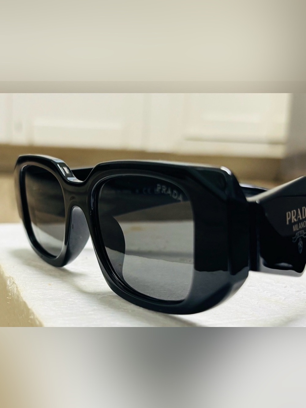 Prada Black Oversized Square Sunglasses with Logo Temple